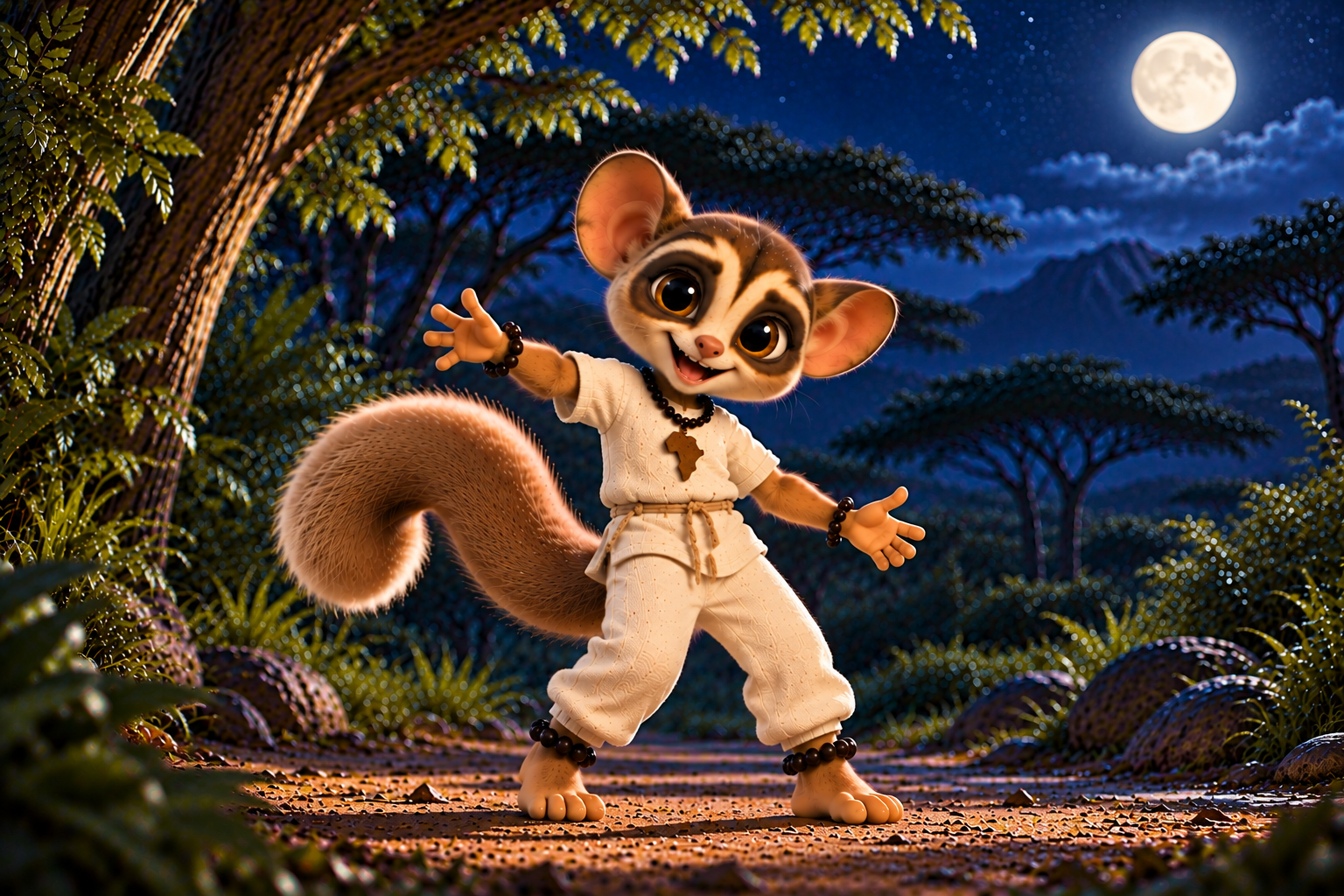 Tebe dancing in a moonlit forest at night