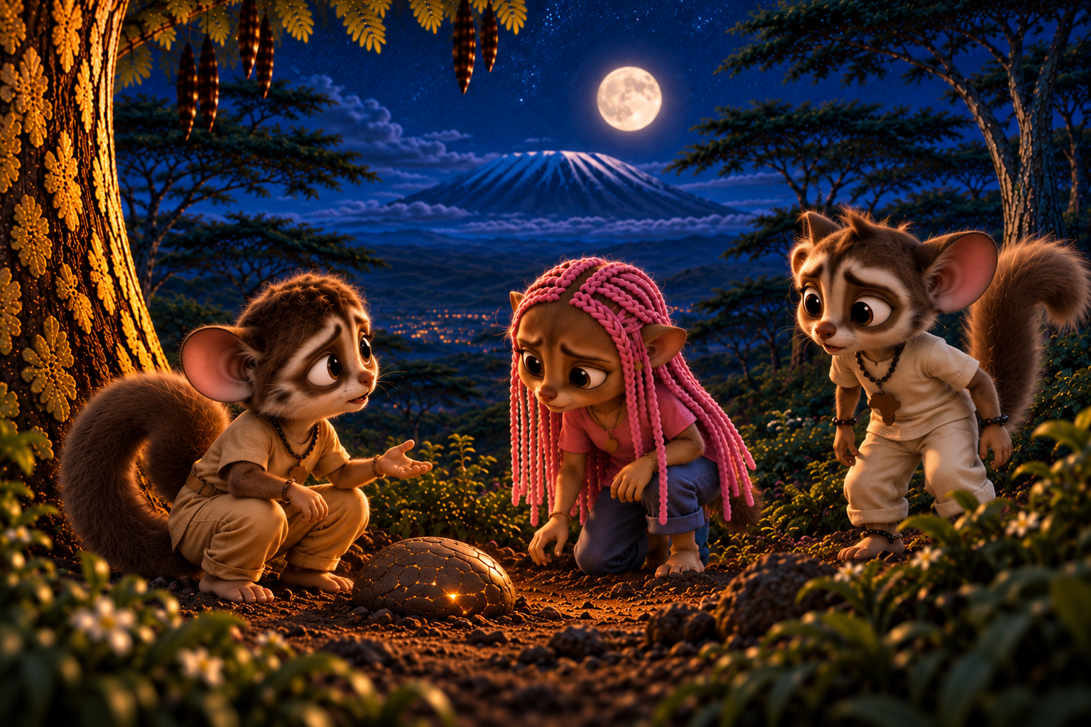 Komba and friends gathered around the warm amber light of the Glowstone at night