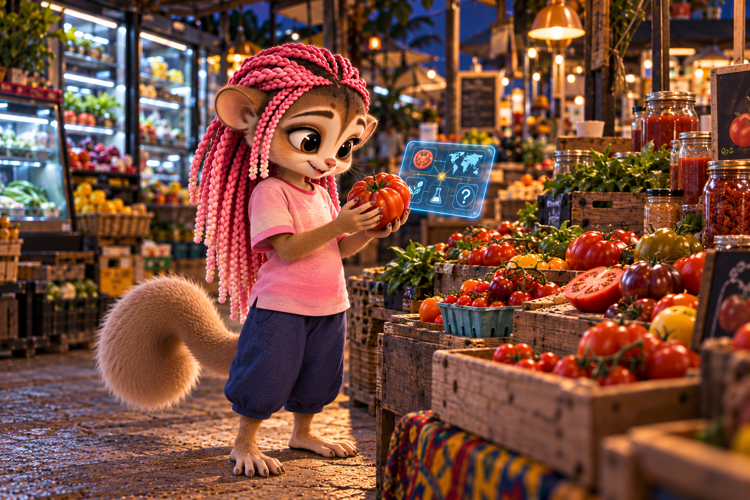 Amira examining tomatoes at a nighttime market