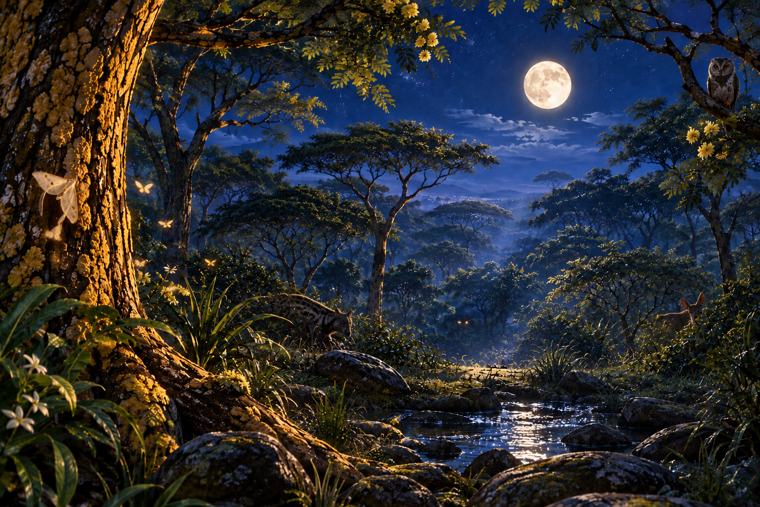 A moonlit Tanzanian forest at night with a stream and tall trees
