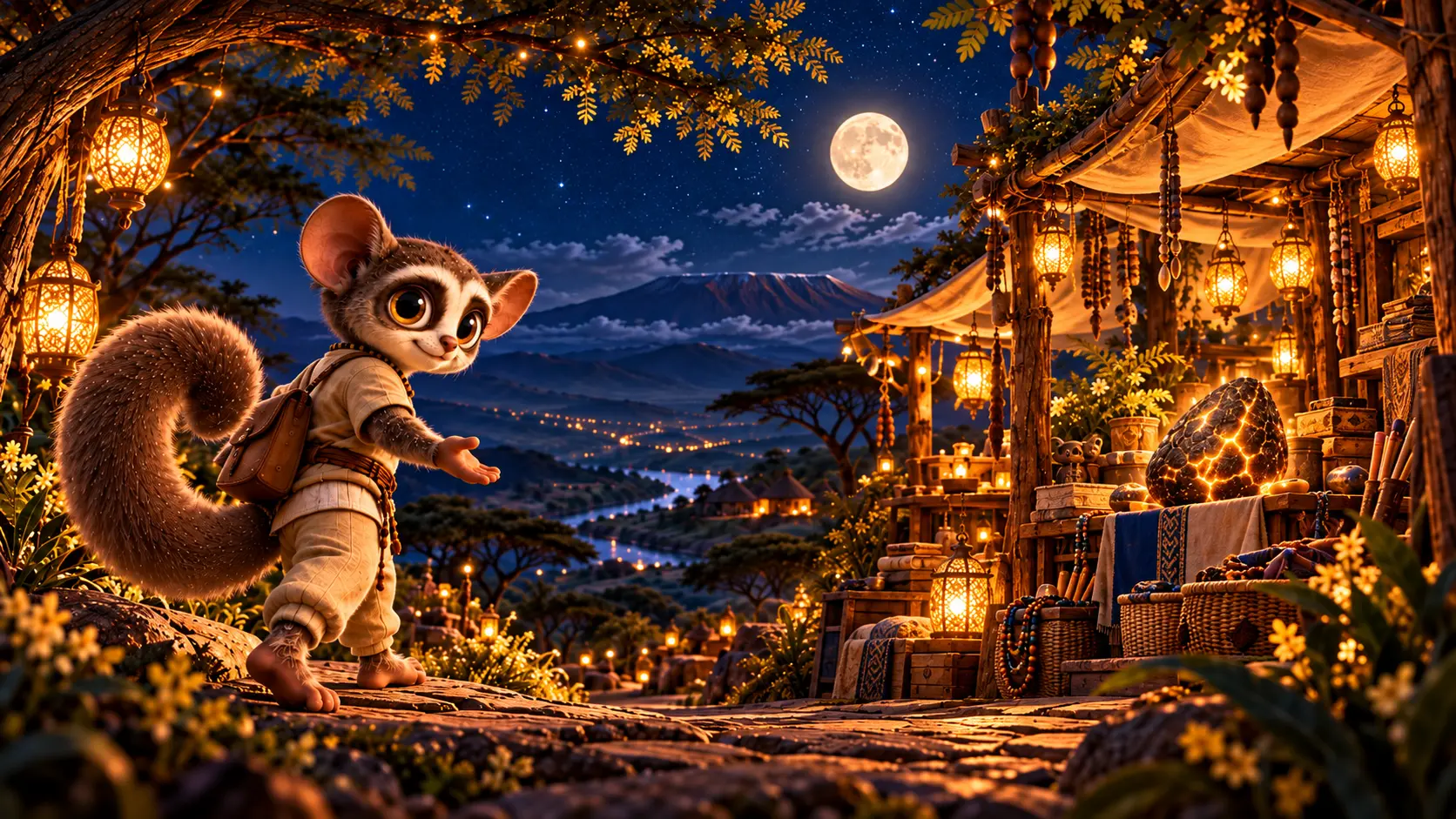 Komba on a moonlit path beneath acacia branches, inviting visitors toward a lantern-lit shop with Mount Meru and a river valley behind